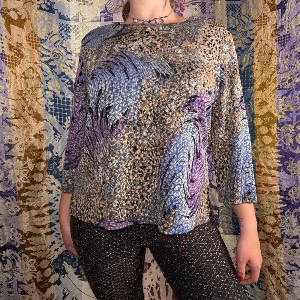 VTG 90s Dark Bohemian Abstract Indie Sleeze Gold Threaded 3/4 Sleeve Top Size XL